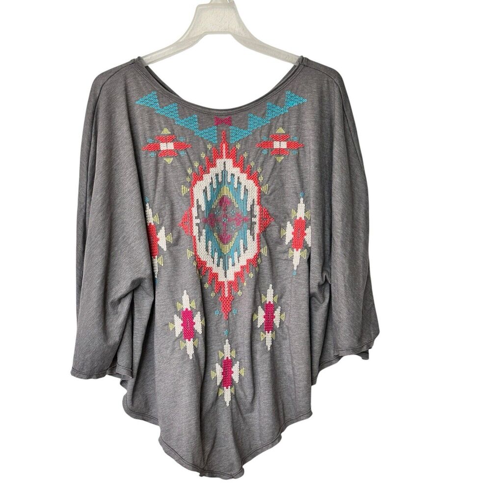 Johnny Was Gray Tunic with Red and Blue Embroidery